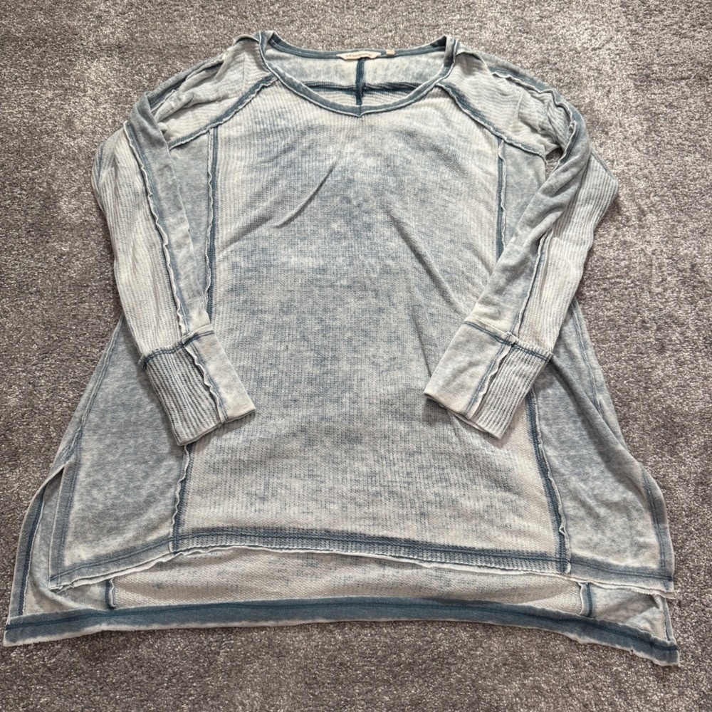 Soft Surroundings Thermal Top Womens L Blue Acid Wash Cotton Boho Waffle Knit